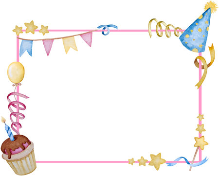 Birthday frame with cupcake, candles, streamers and garlands. Watercolor vector illustrationのイラスト素材