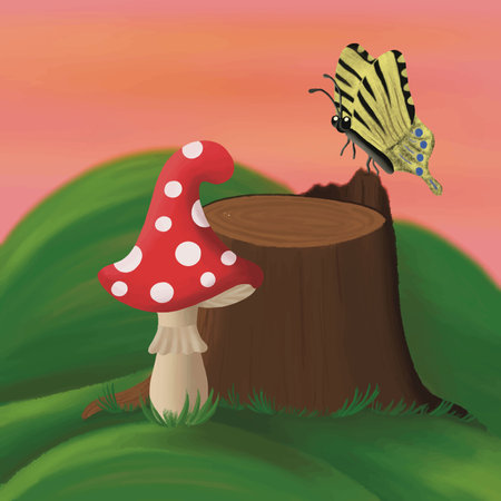 Mushroom and butterfly on a tree stump. vector illustration.のイラスト素材