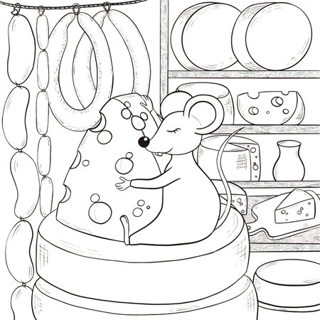 Rat in the cheese shop. Hand drawn vector illustration for coloring book.のイラスト素材