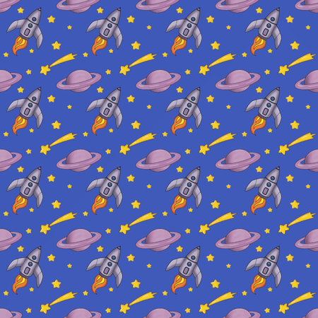 Seamless pattern with rockets and stars on a blue background.のイラスト素材