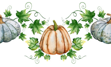 Watercolor seamless border with pumpkins and leaves. hand painted vector illustrationのイラスト素材