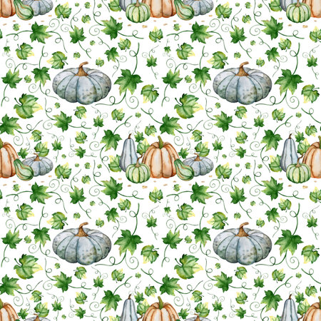 Seamless vector pattern with watercolor pumpkins and green leaves on white backgroundのイラスト素材