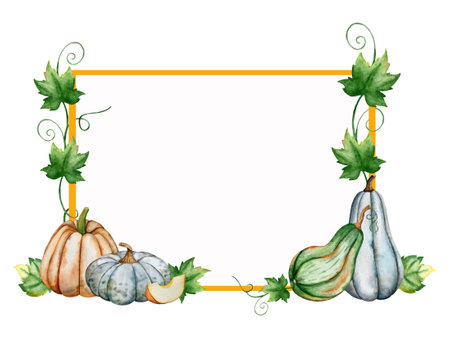Watercolor frame with pumpkins and leaves. hand drawn vector illustration.のイラスト素材
