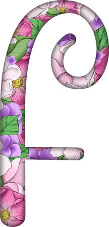 Illustration in the style of stained glass with the letter F from the English alphabet with flowers on a white backgroundのイラスト素材