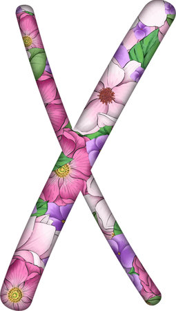 The letter X of the alphabet in stained glass style with flowers and leavesのイラスト素材