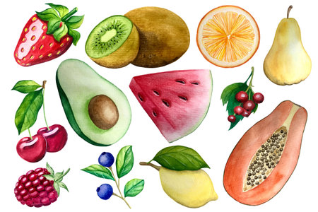 Watercolor fruits set isolated on white background. hand drawn vector illustration.のイラスト素材