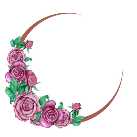 Watercolor floral wreath with pink roses and green leaves on white backgroundのイラスト素材