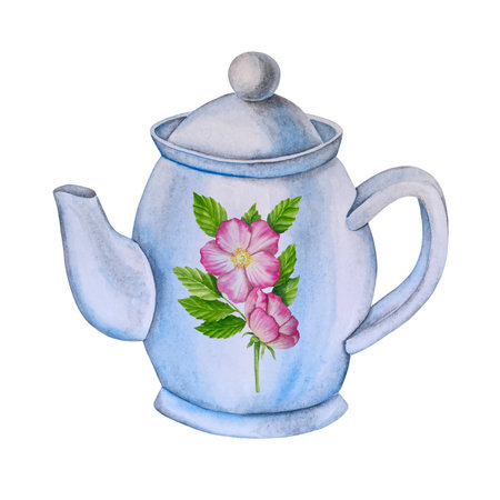 Green fresh tea leaves, cup of tea and brewing kettle, tea time set with flowers and berries of rose hip. International tea day illustration. Watercolor hand drawn isolated elementの写真素材