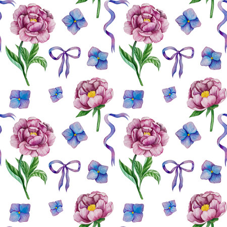 Seamless pattern Pink garden flowers isolated on white background. Pink floral bouquet, burgundy peonies border. lilac hydrangea, frame, wreath. Summer design. Wedding invitationの写真素材