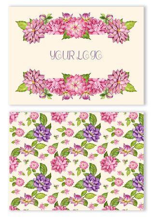 Set of wedding invitation cards with blooming flowers. Vector illustration.のイラスト素材