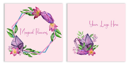 Set of cards with watercolor crystal, orchid flowers and leaves.のイラスト素材