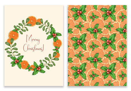 Christmas greeting card with wreath of mistletoe and oranges. Vector illustration.のイラスト素材