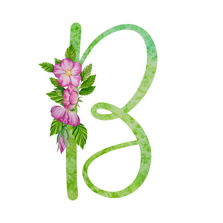 Alphabet, floral set letters with watercolor painting flowers roses and leaves. Isolated monogram initials perfect for wedding invitationsのイラスト素材