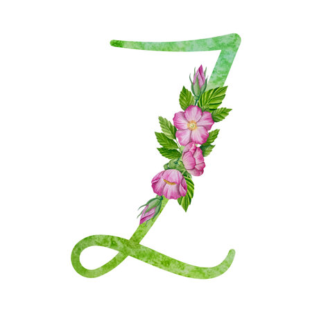 Alphabet, floral set letters with watercolor painting flowers roses and leaves. Isolated monogram initials perfect for wedding invitationsのイラスト素材
