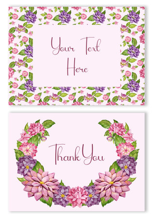 Greeting card with pink flowers and leaves. Vector illustration.のイラスト素材