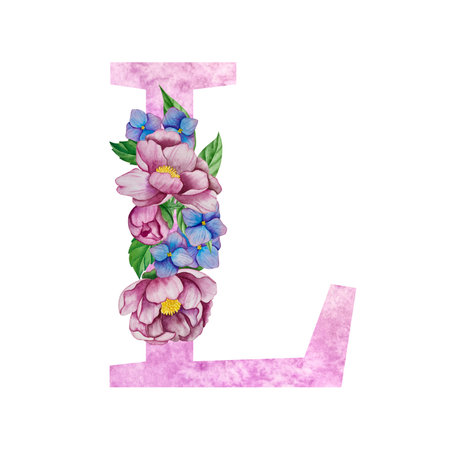 Alphabet watercolor letter L with flowers. Watercolor floral font.のイラスト素材