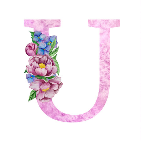 Capital letter U with flowers and leaves. Watercolor hand drawn illustration.のイラスト素材