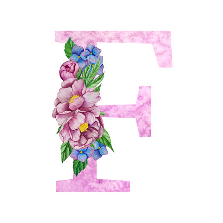 Watercolor alphabet with flowers. Letter F. Hand drawn floral font.のイラスト素材