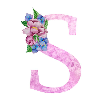 Watercolor letter S with flowers and leaves. Hand painted illustration.のイラスト素材