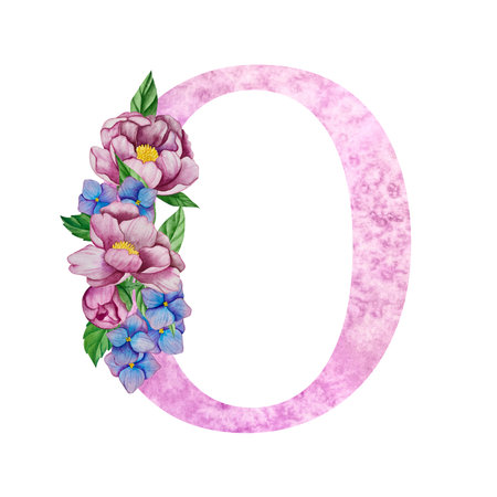 Watercolor letter O with flowers on a white background. Watercolor illustration.のイラスト素材