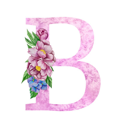 Watercolor pink letter B with peony flowers and leaves isolated on white backgroundのイラスト素材