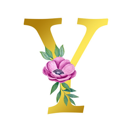 Capital letter Y with flowers and leaves. Vector illustration. Isolated on white background.のイラスト素材