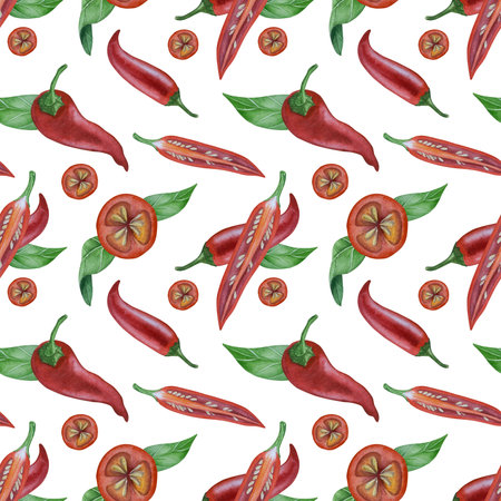 Seamless pattern with watercolor chili peppers. Hand-drawn illustration.の写真素材