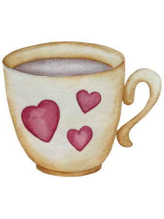 Watercolor illustration of a cup of coffee with hearts on a white backgroundのイラスト素材