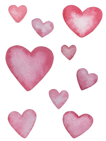 Watercolor hearts on a white background. Hand-drawn illustration.のイラスト素材
