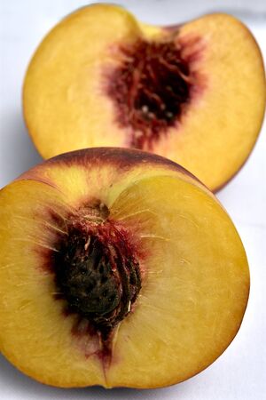 variety of fruit with a large pit and soft pinkish flesh; color peach, yellowish-orange color, peach split in half and placed on a white tableclothの写真素材