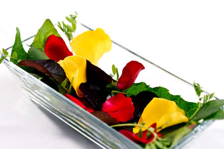 Salad with rose petals, including rose leaves, lentils and beans, and wild leaves.の写真素材