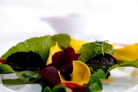 Salad with rose petals, including rose leaves, lentils and beans, and wild leaves. In the background a dressing in a bowlの写真素材