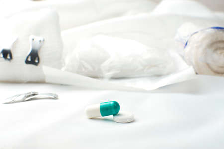 Medical instruments, including dressing, cotton bandage, pill and capsule medication, and bandage staplesの写真素材