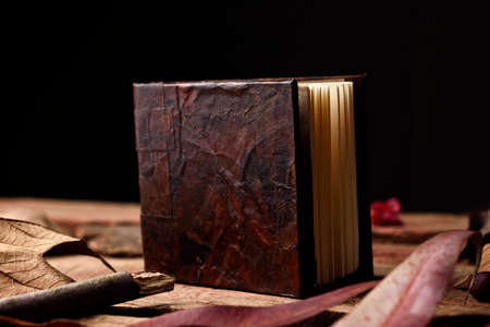 Notebook placed vertically in an imitation leather design, old style, decorated with still life that are leaves and wooden stick, placed on a wooden base.の写真素材