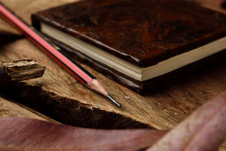 Notebook with an imitation leather design, old style. Decorated with a drawing pencil and still life such as leaves and a wooden stick.の写真素材