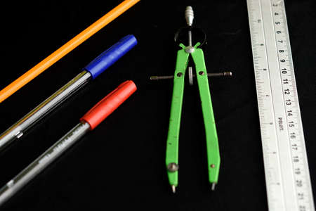 Materials for school use in mathematics, pencils, pencil, compass and a ruler all already usedの写真素材