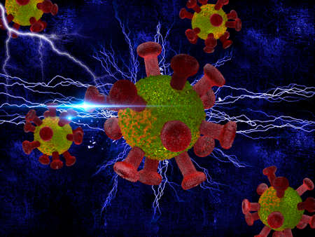 3d illustration of Covid-19 virus with rays and lights, textured backgroundの写真素材