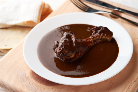 Chicken with mole, Mexican tradition, placed on woodの写真素材