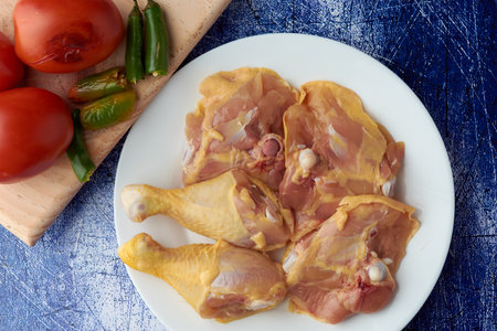 Chicken pieces placed on a plate, garnish tomatoes and chili peppers placed on a wood.の写真素材