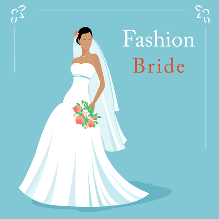 Vector Illustration of a fashion beautiful bride wearing white wedding dress and holding a bouquet. EPS 10のイラスト素材