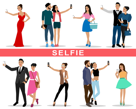 Set of young people and fashion couples making selfieのイラスト素材