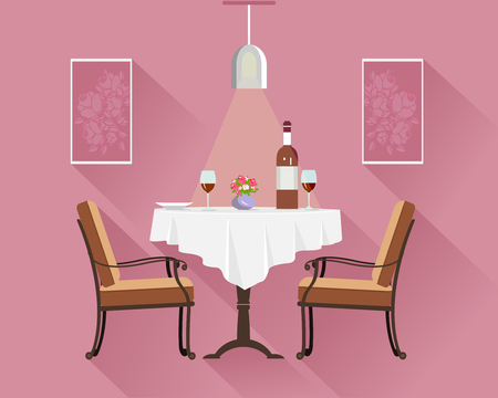 Flat style round restaurant table for two with white cloth, wine glasses, bottle of wine, plate and vase with flowers. Restaurant interior with dinner table, chairs, lamp and pictures.のイラスト素材