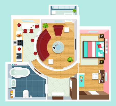 Modern detailed floor plan for apartment with furniture. Top view of apartment. Vector flat projection.のイラスト素材