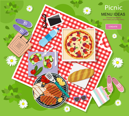 Cool graphic vector concept of picnic for summer vacation with barbecue grill, pizza, sandwiches, fresh bread, vegetables and bottle of water laid out on a red and white checked cloth.のイラスト素材