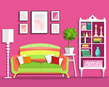 Cute graphic living room interior design with furniture: sofa, flowerpot, bookcase, lamp. Flat style vector illustrationのイラスト素材