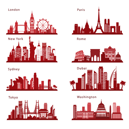 Detailed Cities skylines set with landmarks. Vector silhouettesのイラスト素材