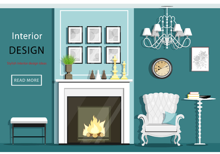 Cute vintage living room interior with furniture: cozy armchair, fireplace, chandelier, table. Flat style vector illustrationのイラスト素材
