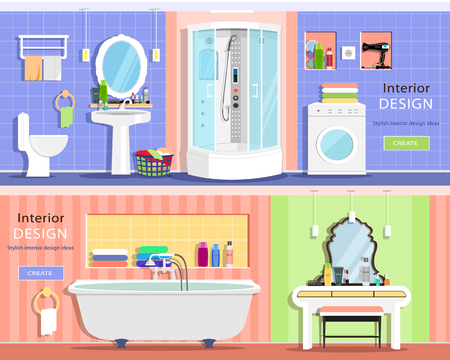 Set of modern graphic bathroom interiors: bath, showers cabin, washbasin, mirror, toilet, dressing table. Flat style vector illustration.のイラスト素材
