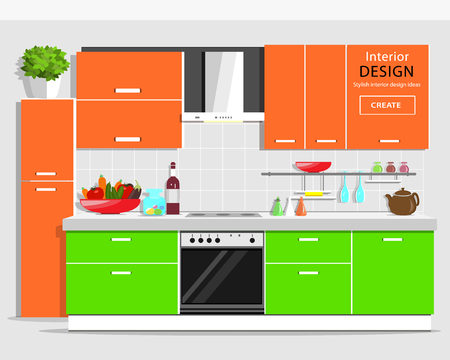 Modern graphic kitchen interior design. Colorful kitchen with furniture. Flat style kitchen and house appliances. Vector illustration.のイラスト素材