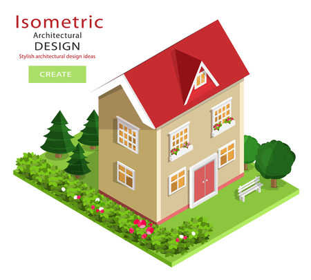 Modern colorful detailed isometric building isolated. Graphic 3d isometric vector house with green yard.のイラスト素材